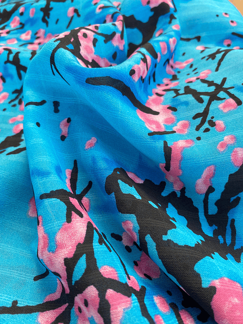 Gasa Chiffon Azul Flores de Cerezo
