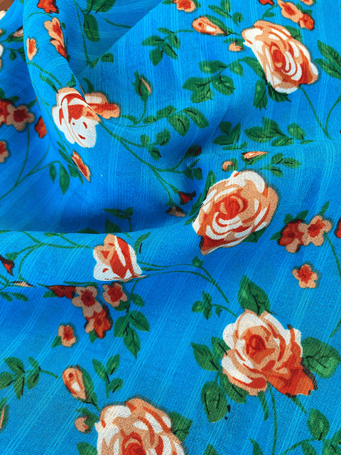 Gasa Chiffon Azul Floreado Naranjo