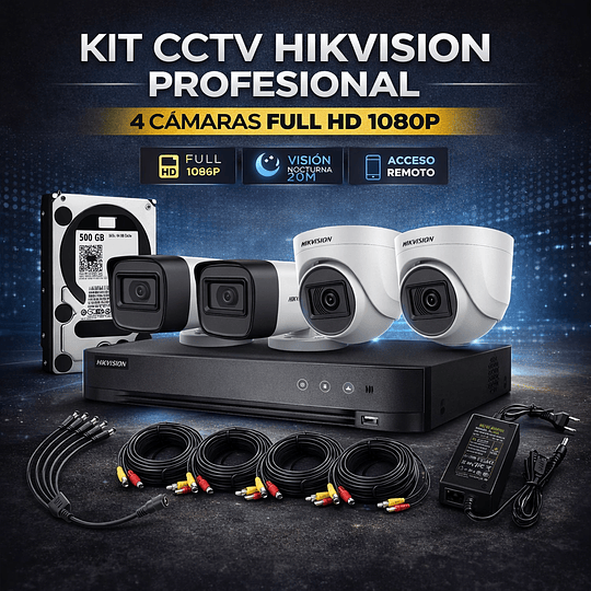 Kit CCTV Hikvision 4 Cámaras Full HD 1080p + DVR + Disco 500GB | Seguridad Interior/Exterior - Image 1