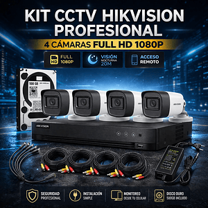 Kit CCTV Hikvision 4 Cámaras Full HD 1080p Exterior + DVR + Disco 500GB | Sistema de Seguridad