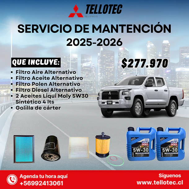 Servicio Mantencion Mitsubishi L200 2025-2026 Filtros Alternativos +  Aceites Liqui Moly 