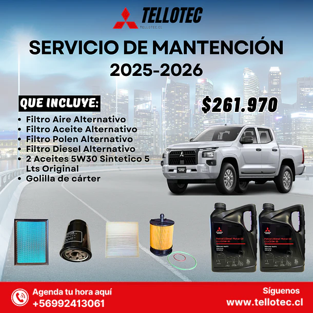 Servicio Mantencion Mitsubishi L200 2025-2026 Filtros Alternativos +  Aceites Originales 