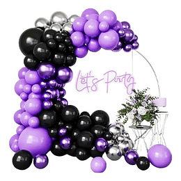 Set De Globos Merlina Color Morado, Negro Y Plateado