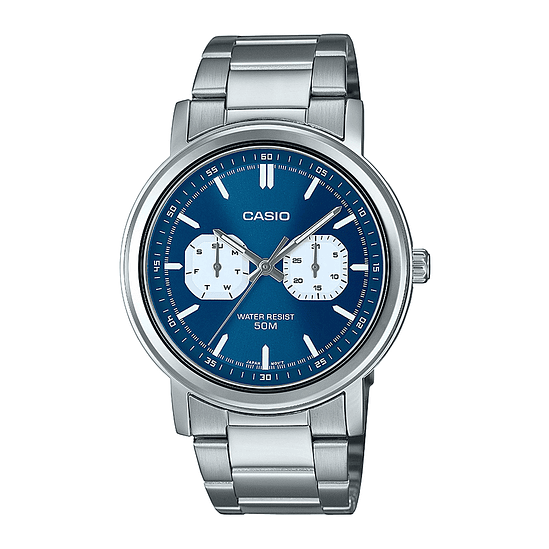 Reloj Hombre Casio Mtp-e335d-2e1vdf Core Mens Correa Plateado Bisel Plateado Fondo Azul 1