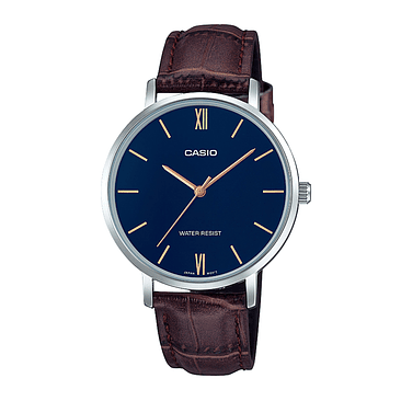 Reloj De Pulsera Casio Dress Ltp-vt01l-2b, Analógico, Para Mujer, Fondo Azul, Con Correa De Cuero Color Marrón, Agujas Color Dorado, Dial Dorado, Bisel Color Plateado Y Hebilla Si 1