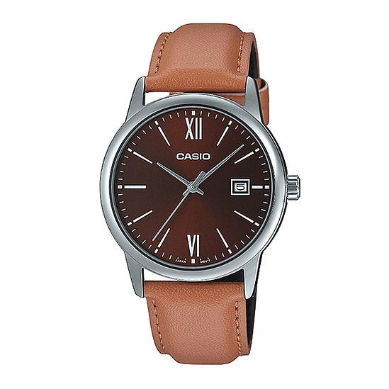 Reloj Casio Hombre Mtp-v002l-5b3, Fechador, Numeros Romanos Color Del Fondo Cafe Color De La Correa Café Claro Color Del Bisel Plateado 1