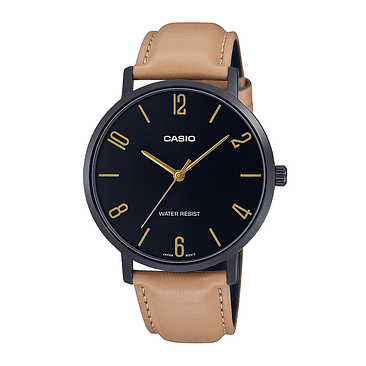Reloj Casio Mtp-vt01bl-1budf Cuarzo Hombre Color De La Correa Marrón Claro Color Del Fondo Negro 1