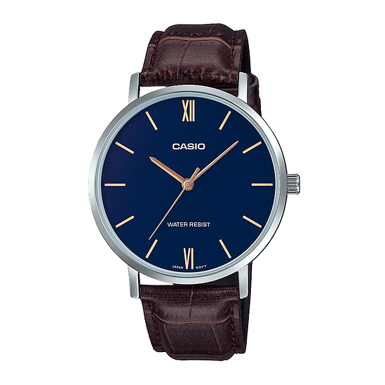 Reloj De Pulsera Casio Dress Mtp-vt01l-2budf, Analógico, Para Hombre, Fondo Azul, Con Correa De Cuero Color Marrón, Agujas Color Dorado, Dial Dorado, Bisel Color Plateado Y Hebilla S 1