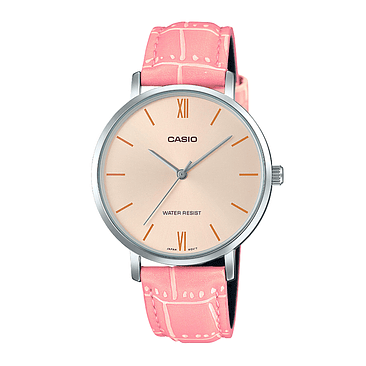 Reloj De Pulsera Casio Dress Ltp-vt01l-4b De Cuerpo Color Plateado, Analógico, Para Mujer, Fondo Rosa, Con Correa De Cuero Color Rosa, Agujas Color Plateado, Dial Dorado, Bisel Color Plateado 1