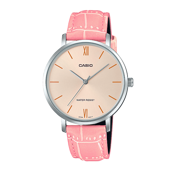 Reloj De Pulsera Casio Dress Ltp-vt01l-4b De Cuerpo Color Plateado, Analógico, Para Mujer, Fondo Rosa, Con Correa De Cuero Color Rosa, Agujas Color Plateado, Dial Dorado, Bisel Color Plateado 1