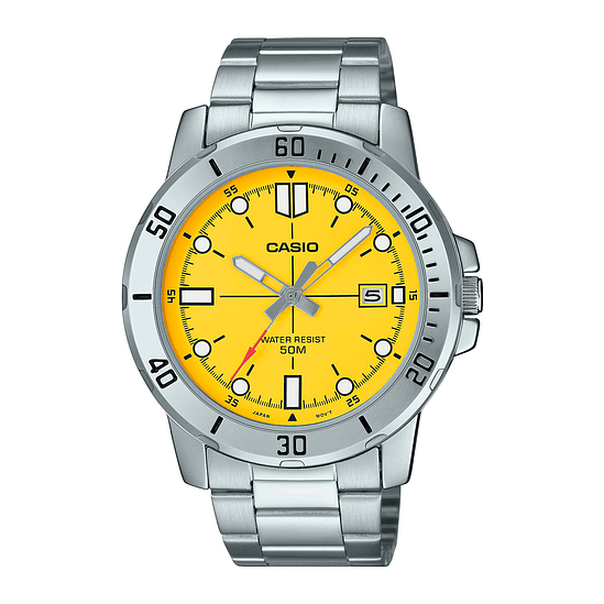 Reloj Hombre Casio Mtp-vd01d-9evudf Core Mens Correa Plateado Bisel Amarillo Fondo Plateado 1