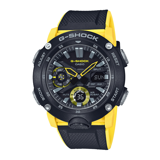 Reloj Casio G-shock Anadigi Ga-2000-1a9dr Para Hombre, Color Negro, Bisel, Color Amarillo, Fondo Negro 1