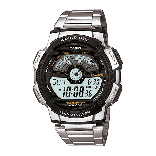 Reloj Casio Digital Ae-1100wd-1a Con Malla Plateado E Bisel Negro Con Fondo Gris 1