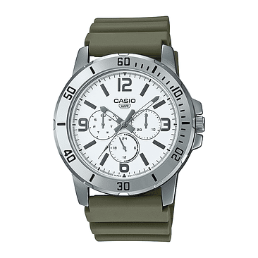 Reloj Casio Standard Mtp-vd300-3budf Para Hombre, Color Verde De La Correa, Verde Musgo, Color Del Bisel, Color Plateado, Color De Fondo Blanco 1