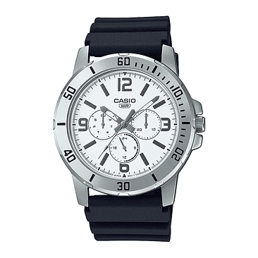 Reloj Casio Standard Mtp-vd300-7budf Para Hombre, Color De La Correa: Negro, Color Del Bisel: Plata, Color De Fondo: Blanco 1
