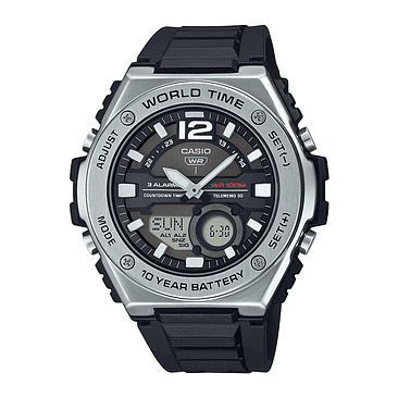 Reloj Casio Mwq-100-1avdf Analógico-digital Para Hombre Correa Negro Bisel Plateado Fondo Negro 1