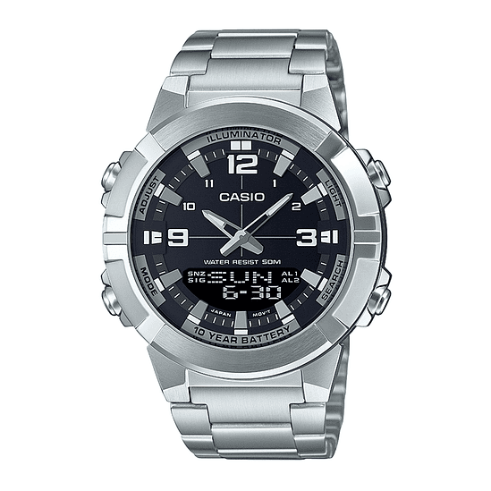 Reloj Casio Illuminator World Time +30 Memo Amw-870d-1avdf, Color De La Correa: Plata, Color Del Bisel, Color Plateado, Color De Fondo Negro 1