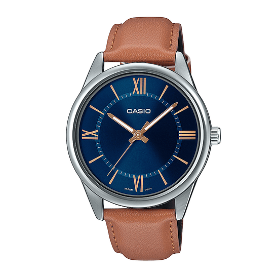 Reloj Casio Hombre Mtp-v005l-2b, Num Romano, Color De La Correa Negro Color Del Bisel Plateado Color Del Fondo Azul Marino 1