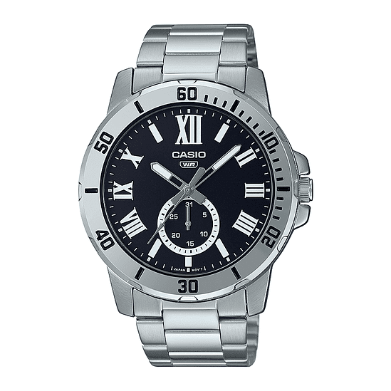 Reloj Casio Hombre Mtp-vd200d-1b Análogo Extendida Malla Plateado Bisel Plateado Fondo Negro 1