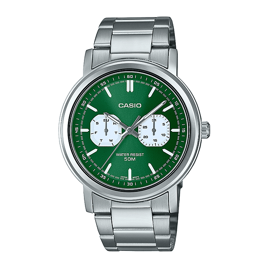 Reloj Hombre Casio Mtp-e335d-3evdf Core Mens Correa Plateado Bisel Plateado Fondo Verde 1
