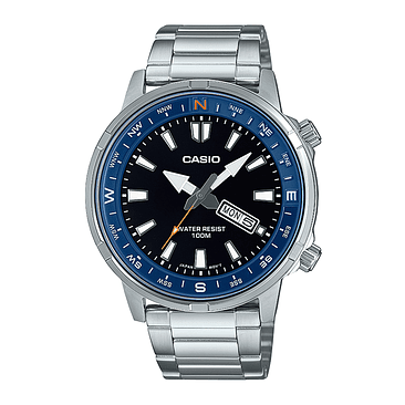 Reloj Casio Standard Mtd-130d-1a2vdf Para Hombre, Correa Plateada, Bisel Plateado, Fondo Negro 1