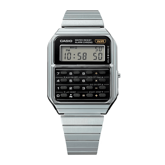Reloj Pulsera Digital Casio Ca-500we-1adf Con Correa De Acero Inoxidable Color Plateado - Fondo Negro 2