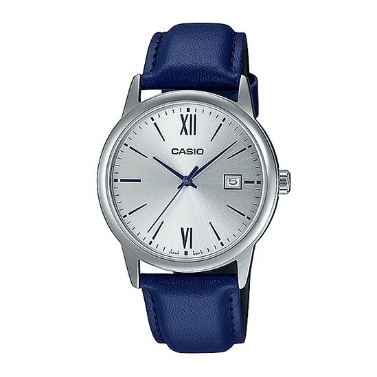 Reloj Casio Hombre Mtp-v002l-2b3udf Color De La Correa Azul Marino Color Del Bisel Plateado Color Del Fondo Plateado 1