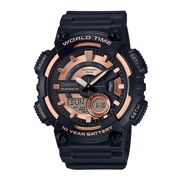 Reloj Casio Standard Aeq-110w-1a3vdf Para Hombre, Correa, Bisel Negro Y Fondo Dorado 1