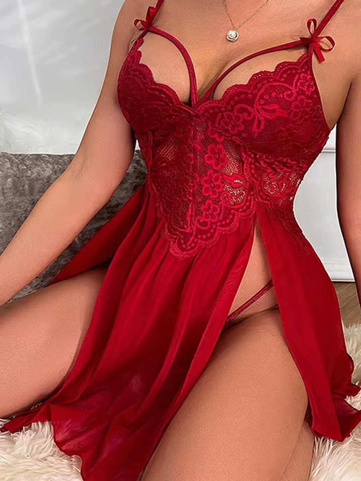 Babydoll de Encaje y Tul Transparente con Abertura 7