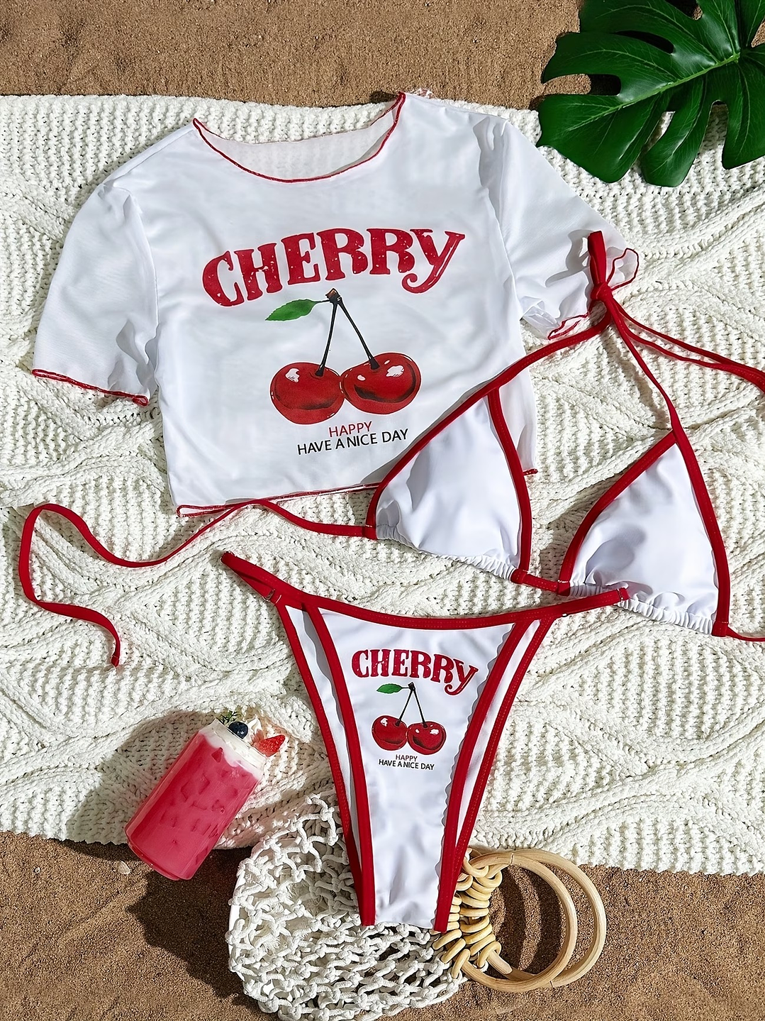 ARELY CHERRY Conjunto Bikini 3 piezas Braga + Sostén + camiseta 4