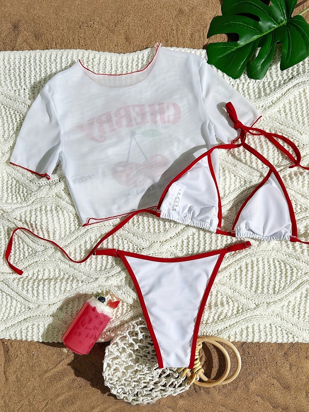 ARELY CHERRY Conjunto Bikini 3 piezas Braga + Sostén + camiseta 5