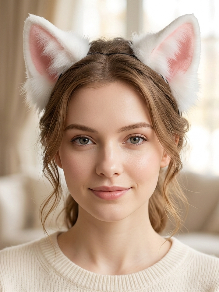 DIADEMA OREJA DE ZORRITO BLANCO CON ROSADO 2