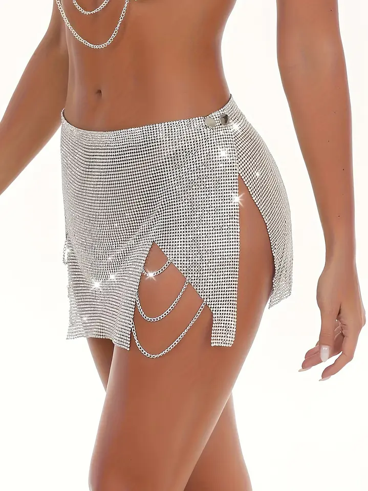 MINI FALDA METALICO SEXI FIESTERO ABIERTO EN LAS PIERNAS CON CADENA - GIA 4