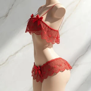 CONJUNTO DE ENCAJE EROTICO CON LAZOS ROJOS LUZMILA