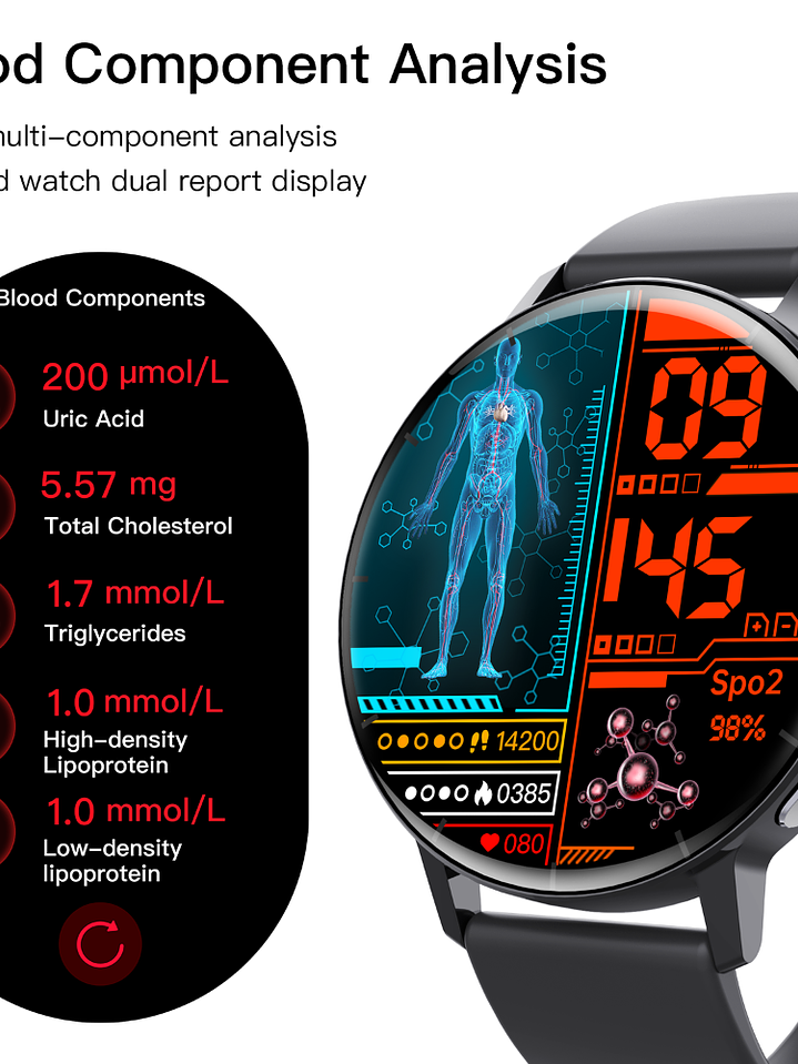 Reloj inteligente con monitor de ECG y análisis de componentes sanguíneos. 6