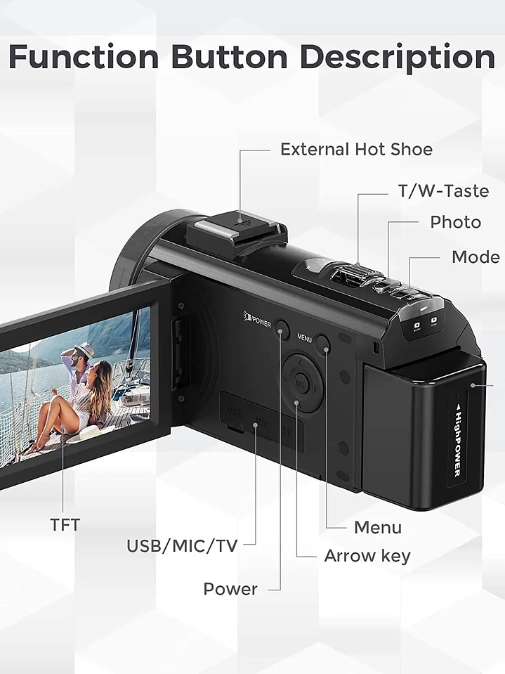 Cámara digital HD con pantalla giratoria y tarjeta de 32 GB, color negro 2