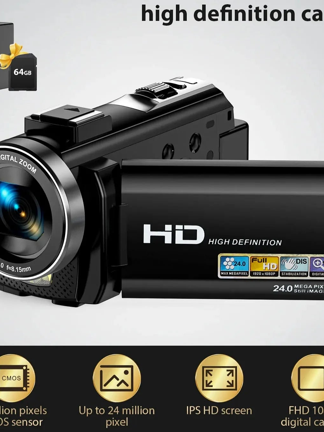 Cámara digital HD con pantalla giratoria y tarjeta de 32 GB, color negro 3