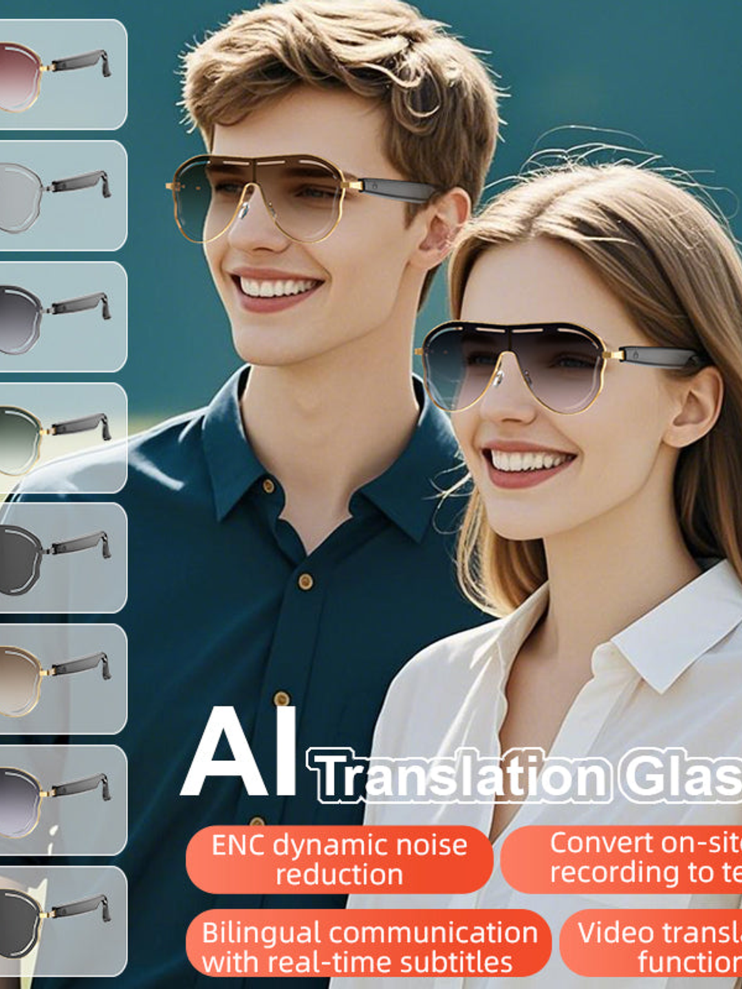 Gafas inteligentes con traducción de IA, compatibles con más de 110 idiomas, con bloqueo de luz azul, grabadora de voz con app, auriculares abiertos y audio Bluetooth. 2