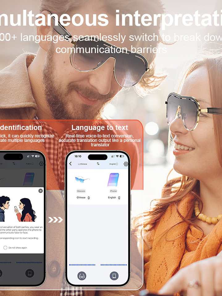 Gafas inteligentes con traducción de IA, compatibles con más de 110 idiomas, con bloqueo de luz azul, grabadora de voz con app, auriculares abiertos y audio Bluetooth. 6