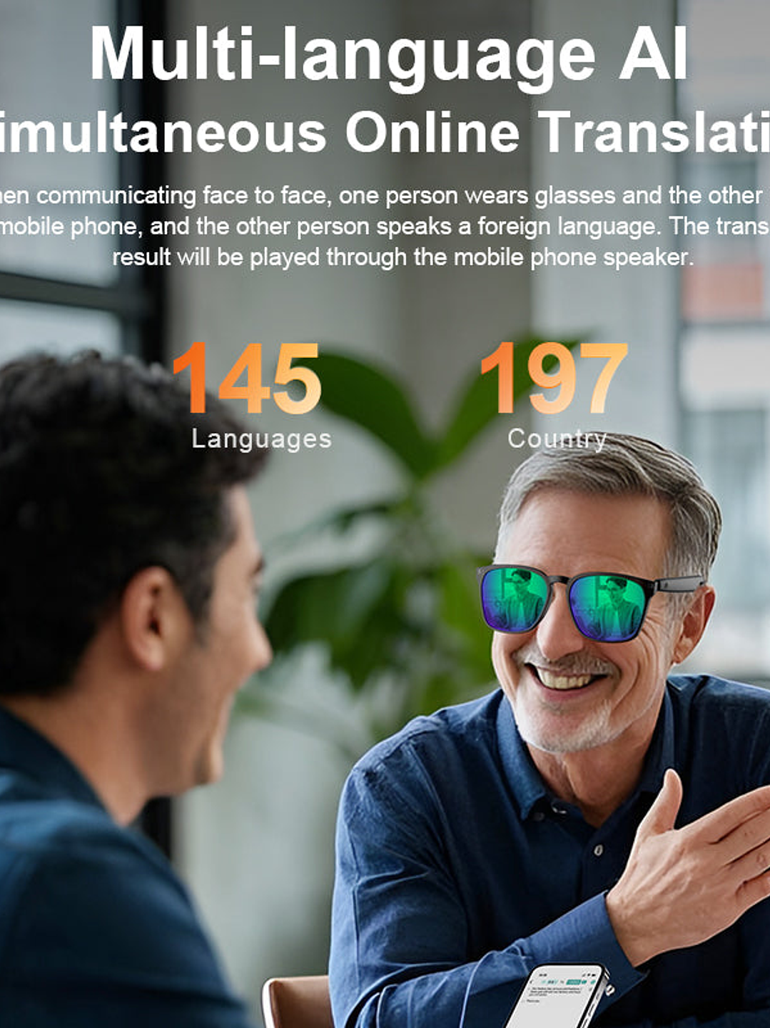 Gafas inteligentes con traducción de IA y Bluetooth para hombres y mujeres, con lentes transparentes que cambian de color en 140 idiomas y altavoz. 7