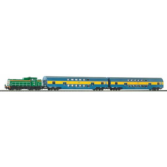 SEt de inicio escala HO Locomotora diesel de PKP con dos vagones de doble Piso, Piko 97934