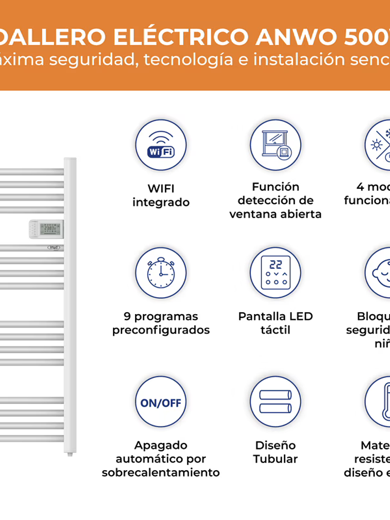 Toallero eléctrico tubular ANWO FL.500 500W C/WIFI 4
