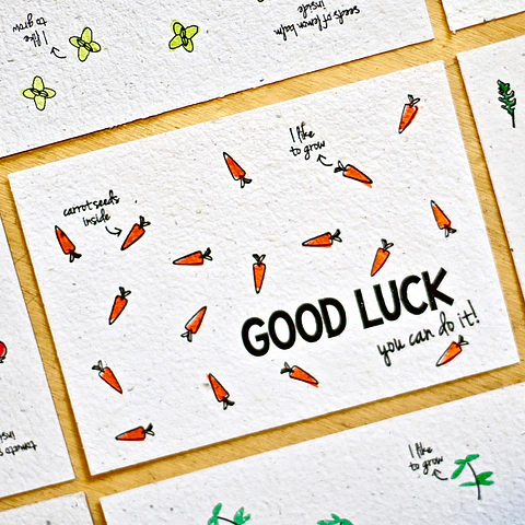 Plantable postcards with vegetable and herb seeds.