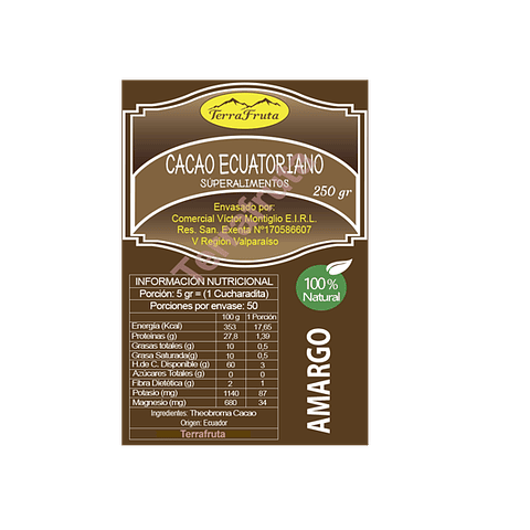 Cacao en Polvo Ecuatoriano 100% Amargo 250 gr