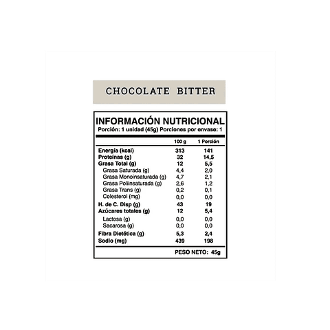 Barra Proteína 14 gr Chocolate Bitter - Vegana - 45 gr