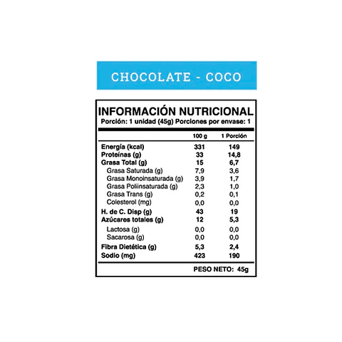 Barra Proteína 14 gr Chocolate Coco - Vegana - 45 gr