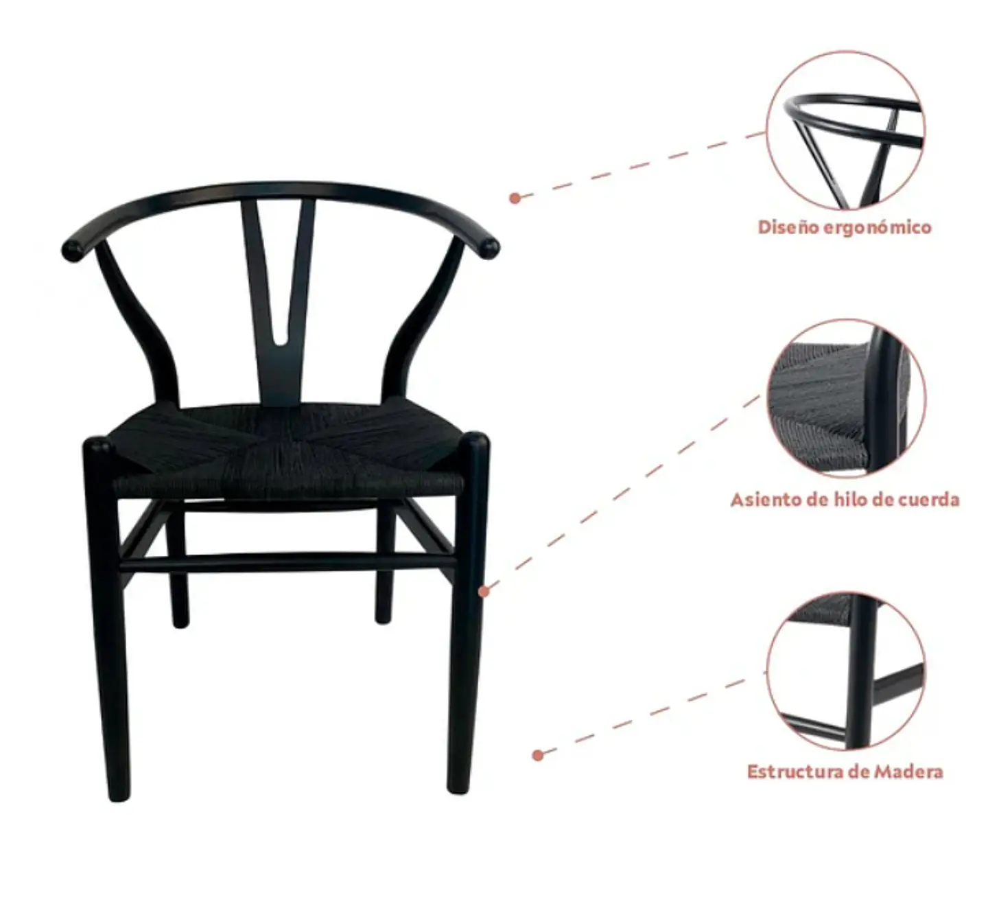 Silla Wishbone Rattan - Negra con hilo negro 5