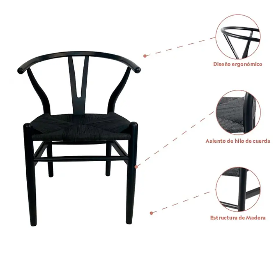 Silla Wishbone Rattan - Negra con hilo negro 5
