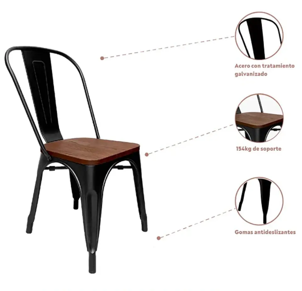 Silla Tolix Asiento de Madera Oscura - Negra 5