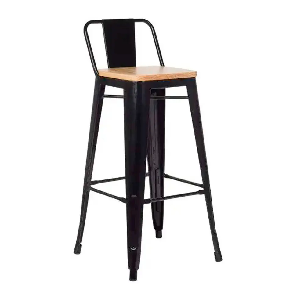 Taburete Tolix Asiento Madera Clara Alto 77 cm - Negro 1